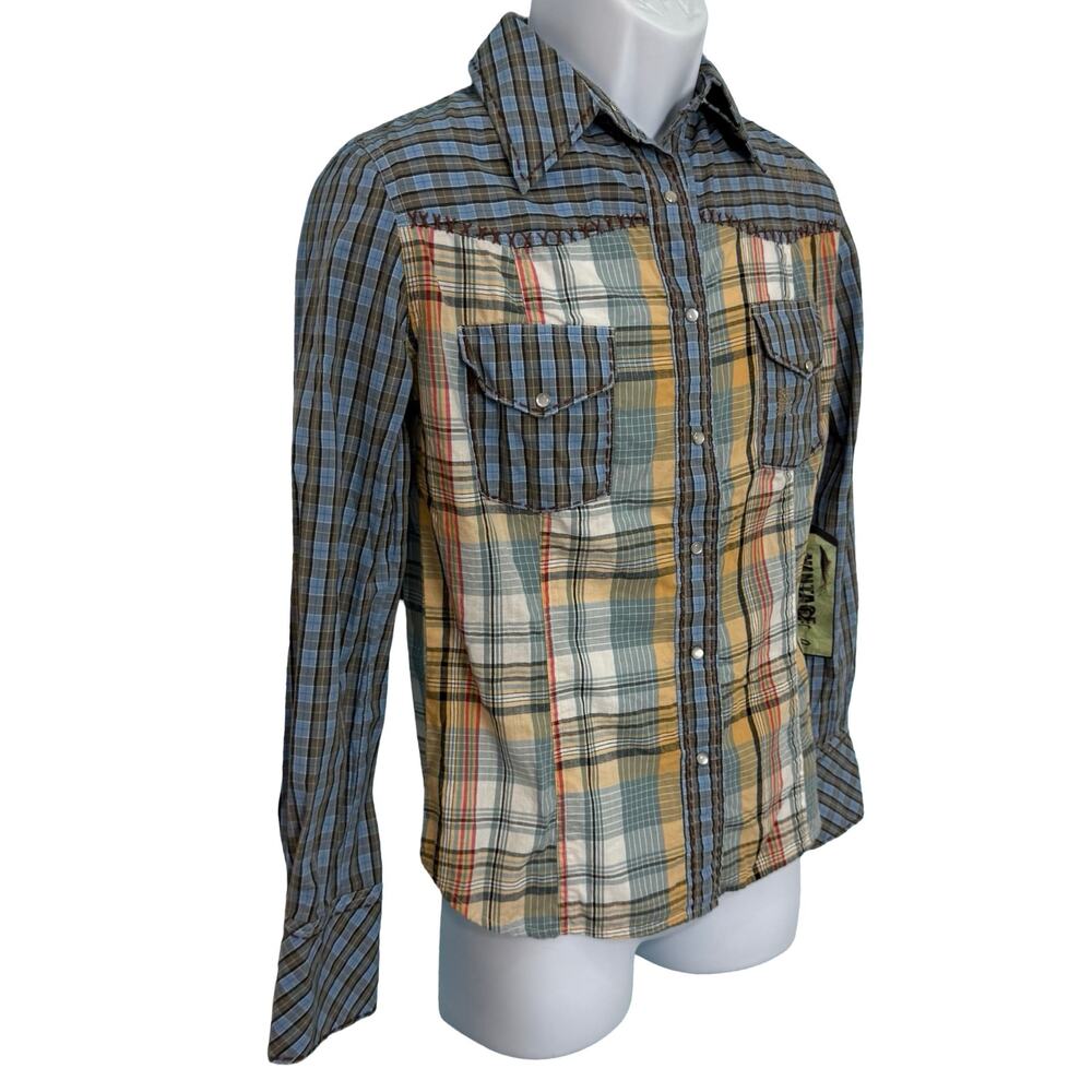 Vintage Rebel Western Blue Yellow Plaid Pearl Snap Collared Shirt size S NEW Tag - Picture 7 of 11
